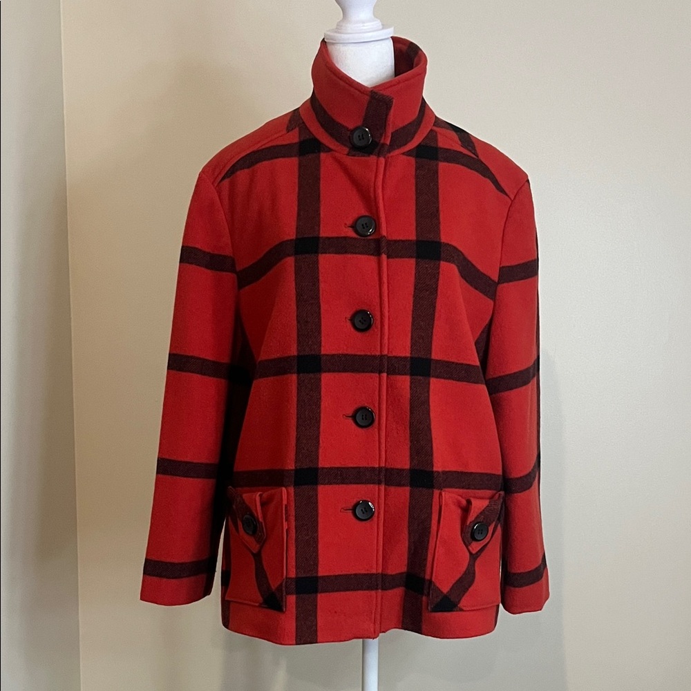 Women's Red Checkered Pea Coat Size XL